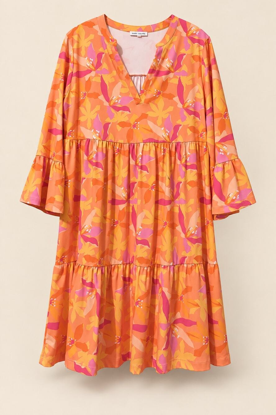Mary Square L Pink Orange Floral Tiered Midi Dress V Neck Bell Sleeve